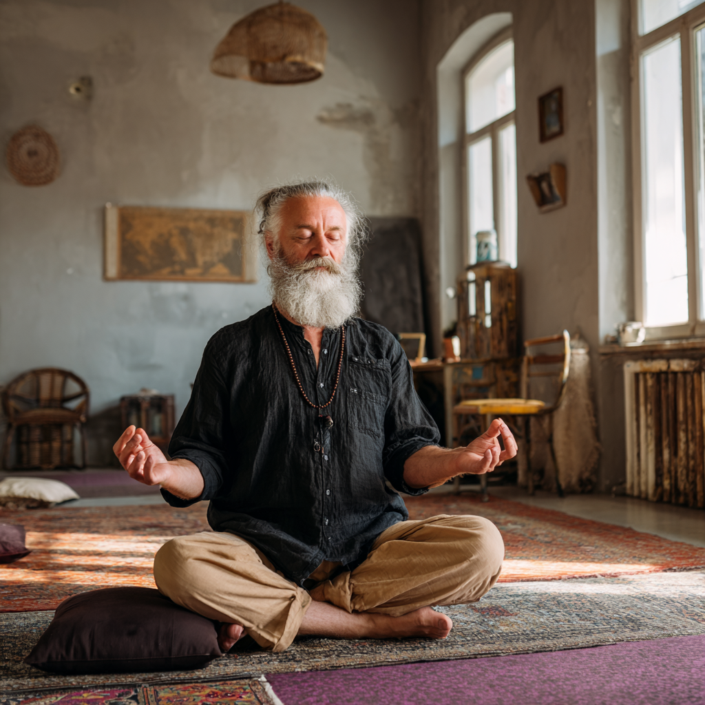 Smiling Uzbek woman practicing yoga in traditional pose